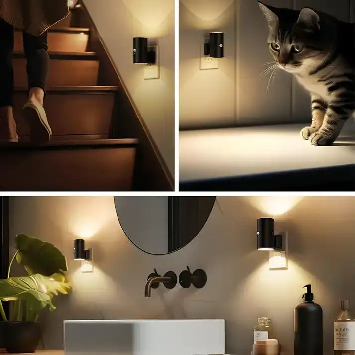A black, cylindrical plug-in night light with upward and downward illumination.