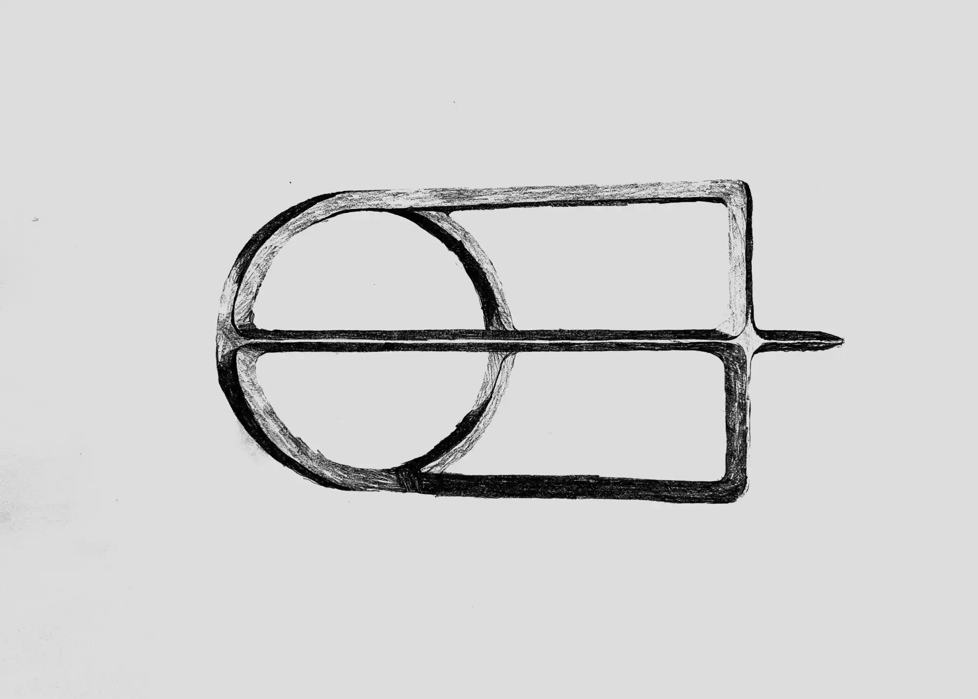 A hand-drawn sketch of a flat, metal, rectangular object with a half-circle on one end and a pointed tip on the other, likely a tool or part.