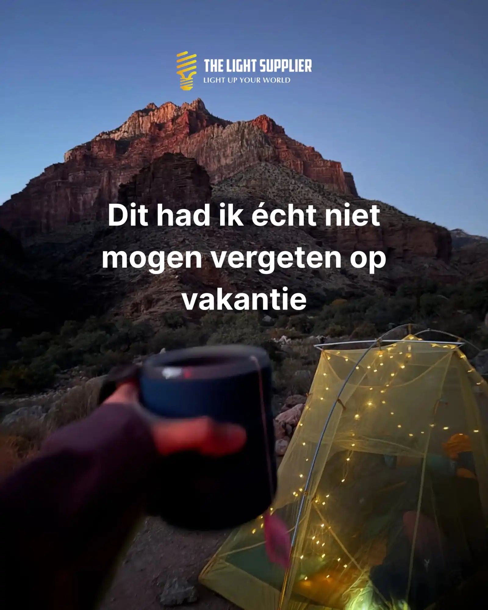A portable light source illuminating a tent at dusk.