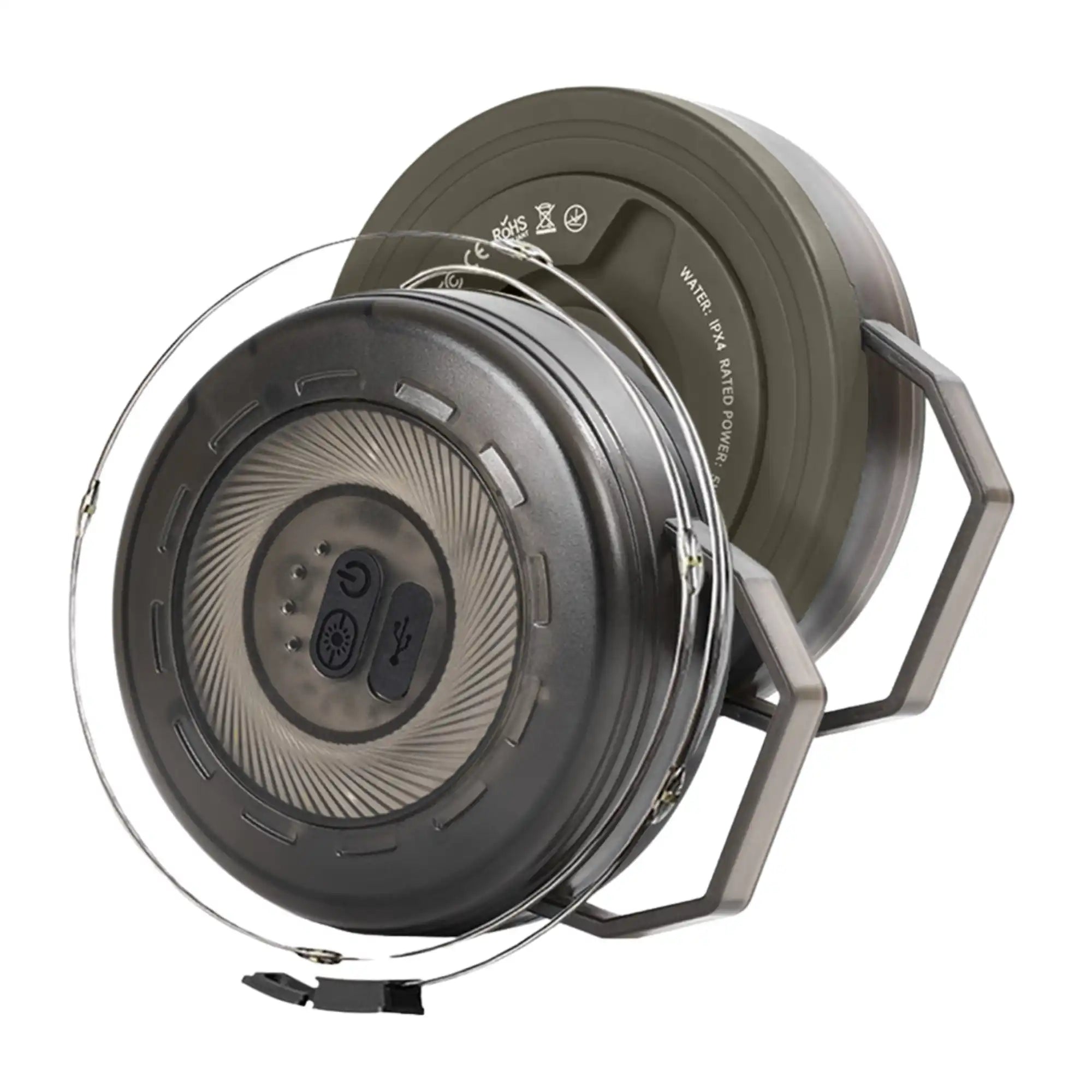 Portable, rechargeable outdoor lantern with integrated speaker and power bank functionality.