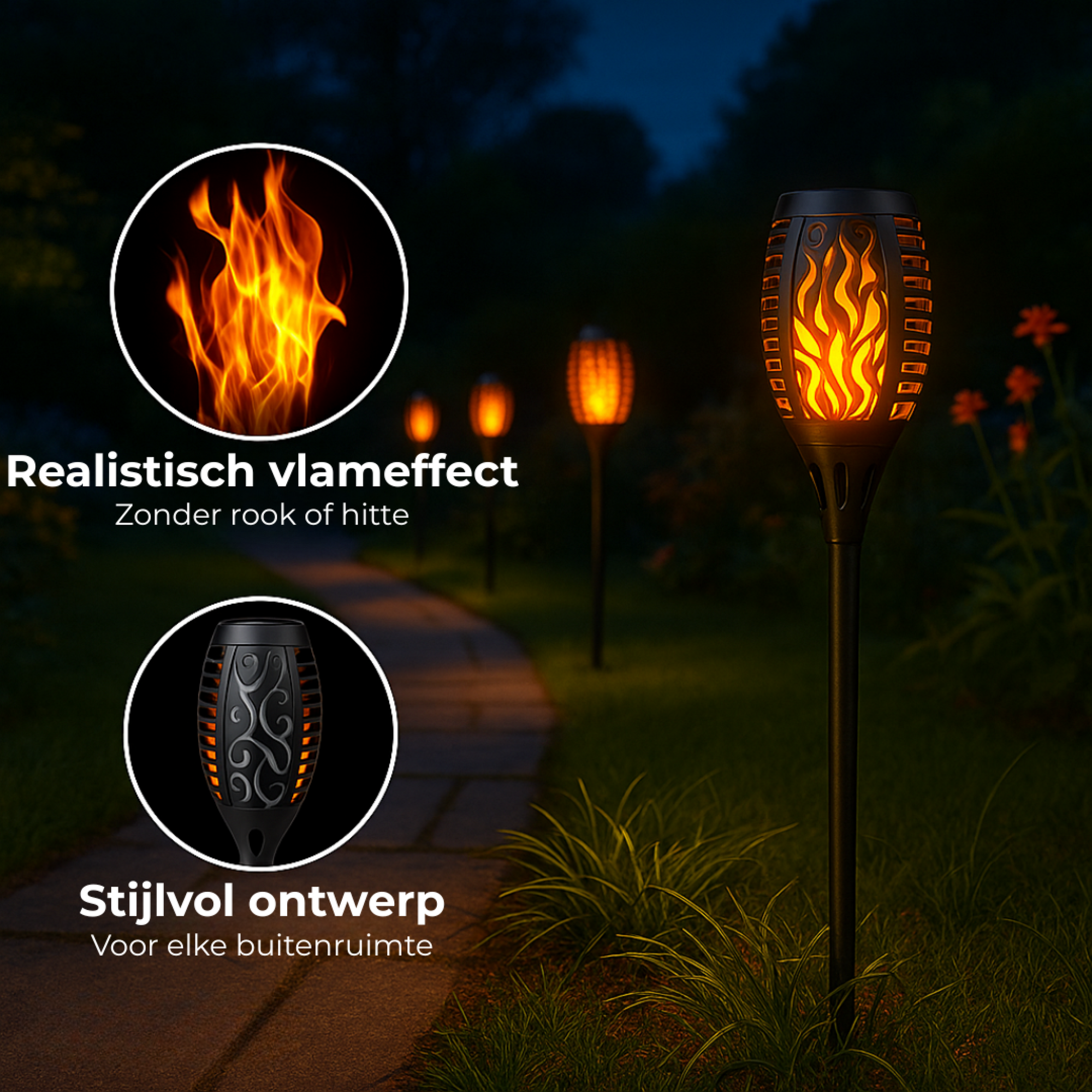 FlameGlow™ Tuinfakkels op Zonne-energie (4-PACK) | Veilige Sfeerverlichting met Realistisch Vuur-effect 4